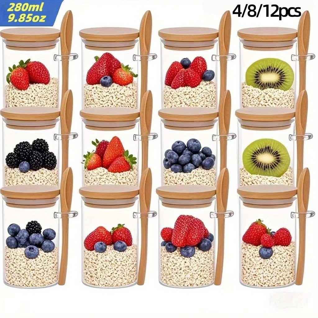 Meal Prep Glass Containers - 4/8/12Pcs, Oatmeal Breakfast Cups with Lids