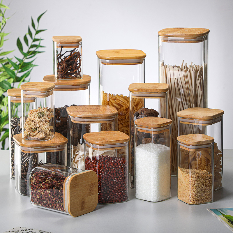 Meal Prep Glass Containers - Bamboo Glass Tins Transparent Storage Bottles